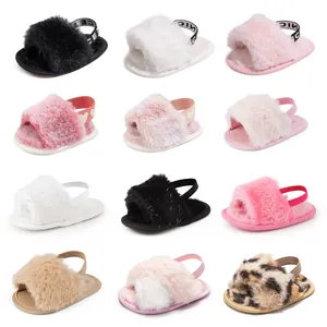 Fuffy faux fur baby slippers with elastic heel straps in 12 assorted colors and patterns