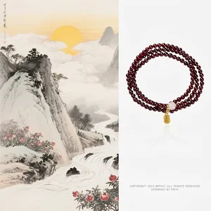 Natural Garnet Multiwrap Bracelet With Hetian Jade Fu Charm Blessing Tag Vintage Ethic Jewelry For Women Handmade Jewelry Gift