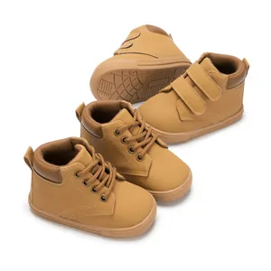 Classic brown PU leather toddler casual sneakers with non-slip soft rubber soles