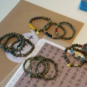 Green Sandalwood Bracelet with Hetian Jade Gourd and Golden Charms for Men and Women