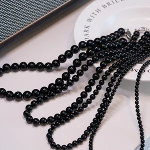 Polished natural black agate beaded necklace with silver lobster clasp in various sizes