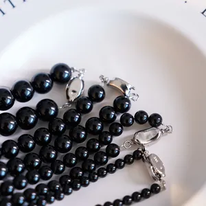 Natural black agate beaded necklace with S925 sterling silver buckle in various sizes