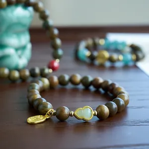 Ethnic Green Sandalwood Beaded Bracelet With Hetian Jade Gourd Pendant Zen Style Meditation Wood Jewelry Blessing Gift For Women Men