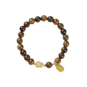 Sandalwood bracelet with Hetian jade gourd pendant and gold-plated metal charms