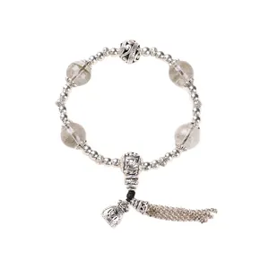 Vintage silver tassel bracelet with green phantom quartz beads and engraved charms
