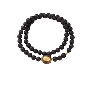 Bracciale a doppio strato in perline di legno naturale 6mm con argento S925 e incisioni