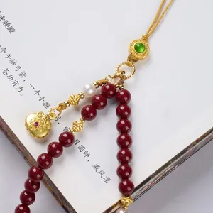 Cordino per cellulare in cinabro cinese con perle da 6 mm, lucchetto in filigrana d'oro e gemma