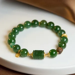 Vintage Hetian Green Jade Beaded Bracelet For Women With Amber Southern Red Agate Gold Plated Silver Chinese Style Jewelry