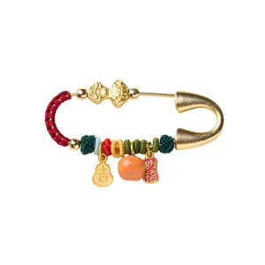 Traditional Year of the Horse safety brooch with gold gourd and Nafu charms