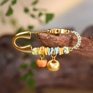 Vintage Chinese Gold Plated Copper Brooch With Enamel Gourd Persimmon Pendant Fortune Lock New Year Gift Women Jewelry