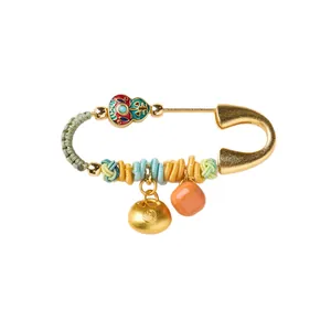 Golden Chinese zodiac horse brooch with enamel gourd and wealth pouch charms for baby