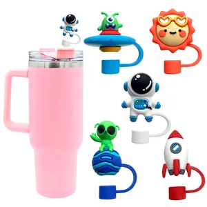 Astronaut and rocket silicone straw covers set for 10mm reusable straws and pink tumbler