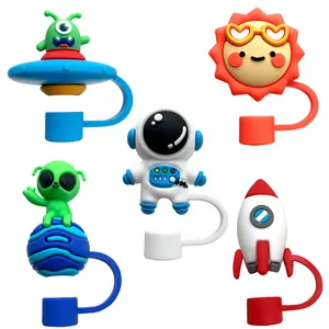 5pcs cartoon astronaut and space silicone straw toppers reusable dust covers for 10mm straws