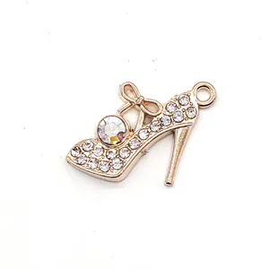Sparkling crystal high heel shoe charm with colorful rhinestone and gold alloy plating