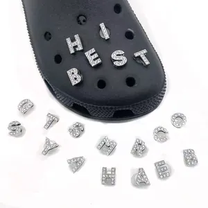 Sparkling crystal rhinestone letter shoe charms for clogs with metallic silver finish