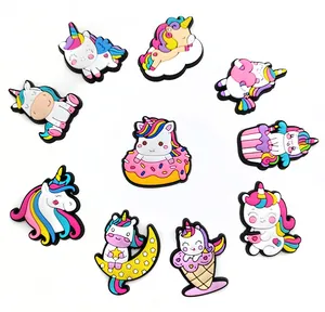 Detailed set of 10 colorful PVC unicorn and dessert shoe charms for garden clogs