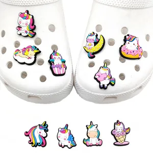 Colorful cartoon unicorn shoe charms set for DIY clog decorations on white shoes