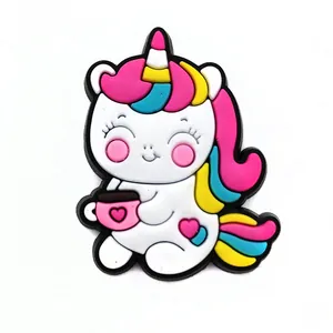Close-up of 3D PVC cartoon unicorn shoe charm with colorful mane for garden clogs