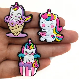 Three cute cartoon unicorn PVC charms for clogs and garden shoes in colorful designs