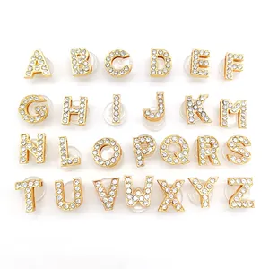 Set of 26 gold alloy rhinestone letter charms for clog shoes with clear fixing base