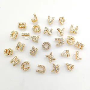 Gold-plated alloy letter shoe charms with rhinestones for DIY footwear accessories