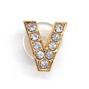 Golden alloy letter V charm for croc shoes with sparkling white rhinestones inlay