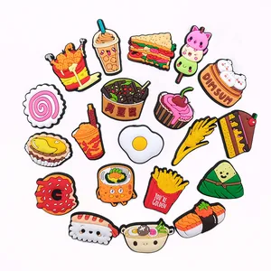 20-piece set of cartoon food PVC charms for clog shoes and wristbands on white background