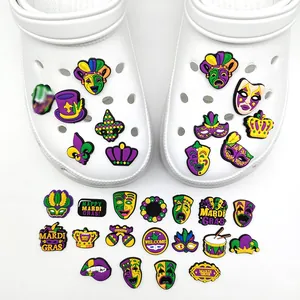 Colorful Mardi Gras themed shoe charms set featuring masks and crowns on white clogs