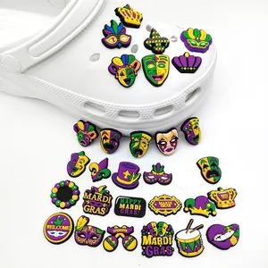Mardi Gras theme shoe charms set with masks and crowns for clogs, purple green gold colors