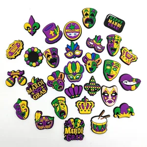 Set of 30 Mardi Gras themed PVC shoe charms with masks, crowns and festive symbols