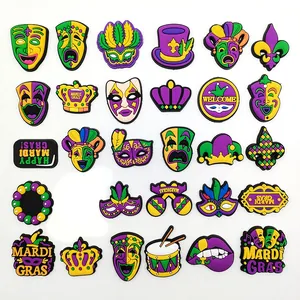 Mardi Gras Theme Shoe Charms For Clogs PVC Purple Green Yellow Mask Crown Fleur-de-lis Festival Decoration Accessories