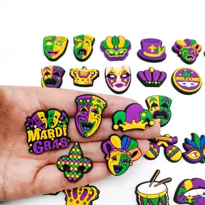Set of colorful Mardi Gras theme PVC shoe charms including masks and crowns for clogs