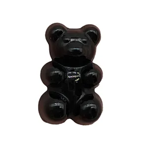 Detail of a shiny black resin bear shoe charm with rainbow glitter logo for garden clogs
