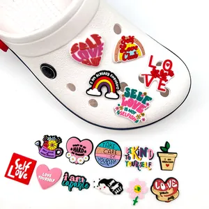 Self-care themed PVC shoe charms for clogs featuring inspirational quotes and colorful designs