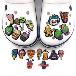 Halloween Schuhanhänger Set mit 3D Zombie-Eis und Pizza-Motiven für Clogs und Sandalen
