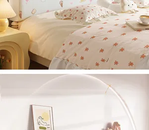 Close-up of floral headboard cover with elegant ruffles and warm cozy lighting