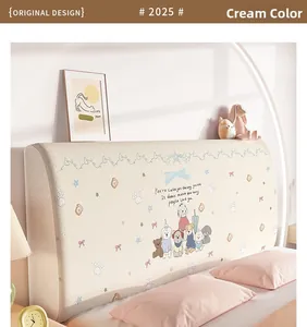Detail of plush headboard cover in creamy color featuring cute animal patterns