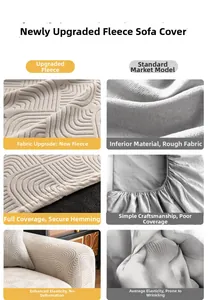 Detail of beige fleece sofa cover showing elastic geometric pattern and reinforced edges