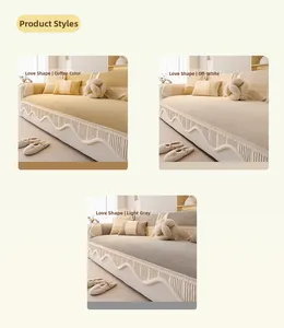 Neutral waffle texture corduroy sofa covers in brown, cream, and grey with ruffled edges