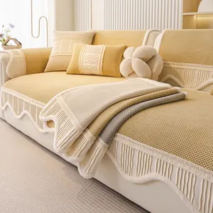 Thickened Corduroy Sofa Cushion Cover Non-Slip Silicone Backing Wave Ruffle Edge Waffle Texture Modern Home Decor Slipcover