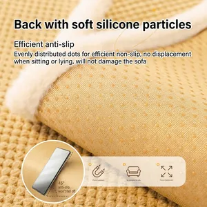 Thick yellow corduroy sofa cover with non-slip silicone backing and white faux fur trim