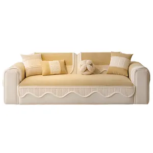 Luxurious thick corduroy sofa cover set with ginger yellow cushions and lace trim