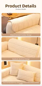 Detail view of cream-colored thick flannel sofa cover set with soft corduroy texture