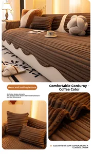 Detail of coffee-colored striped flannel sofa cover with thick, soft textured fabric