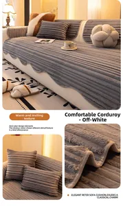 Detail of cream white flannel sofa cover with textured stripe pattern and soft plush fabric