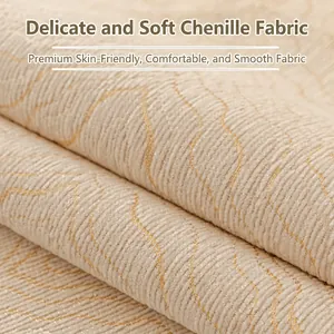Close-up of cream chenille sofa cover fabric with intricate golden silk weaving details