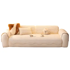 Creamy thick flannel sofa cover set with anti-slip backing and scalloped edges