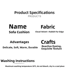 Detailed chart for Cloud Velvet Sofa Cushion showing material specifications and care instructions