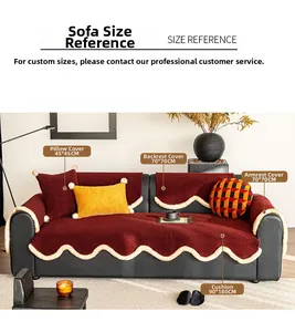 Size chart for plush burgundy sofa covers showing dimensions for cushions and pillows