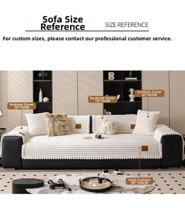Size chart for thick rabbit fur plush sofa cushion with non-slip texture and brown leather label